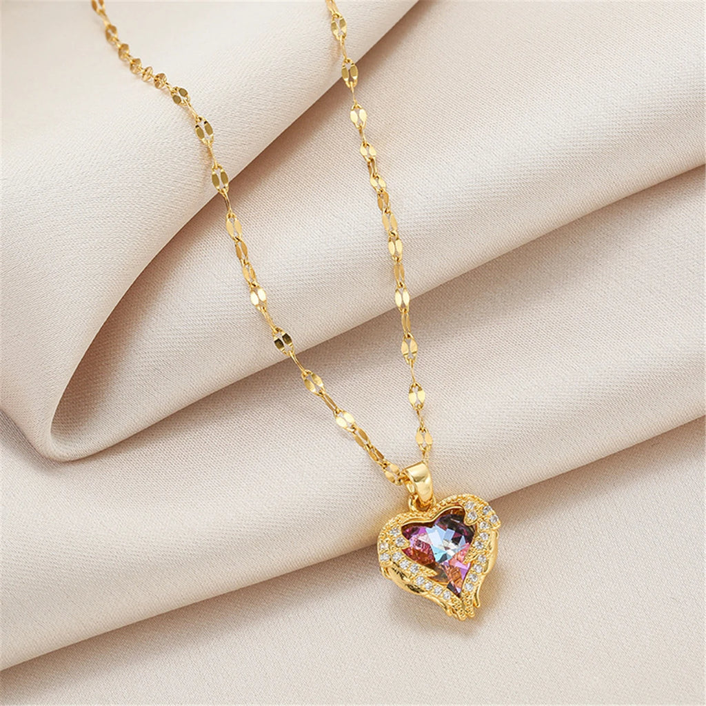 Super Luxury Colorful Crystal Ocean Heart Necklaces For Women Korean Fashion Stainless Steel Jewelry Female Wedding Accessories