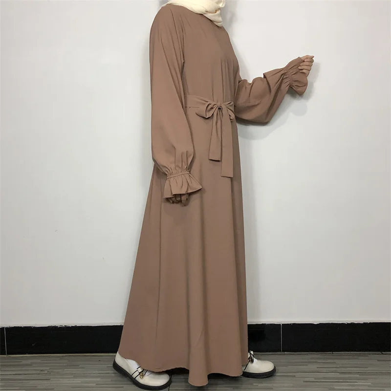 New Modest Abaya Ruffle Sleeve High Quality Nida With Pockets Free Belt EID Ramadan Islamic Clothing Muslim Women Maxi Dress