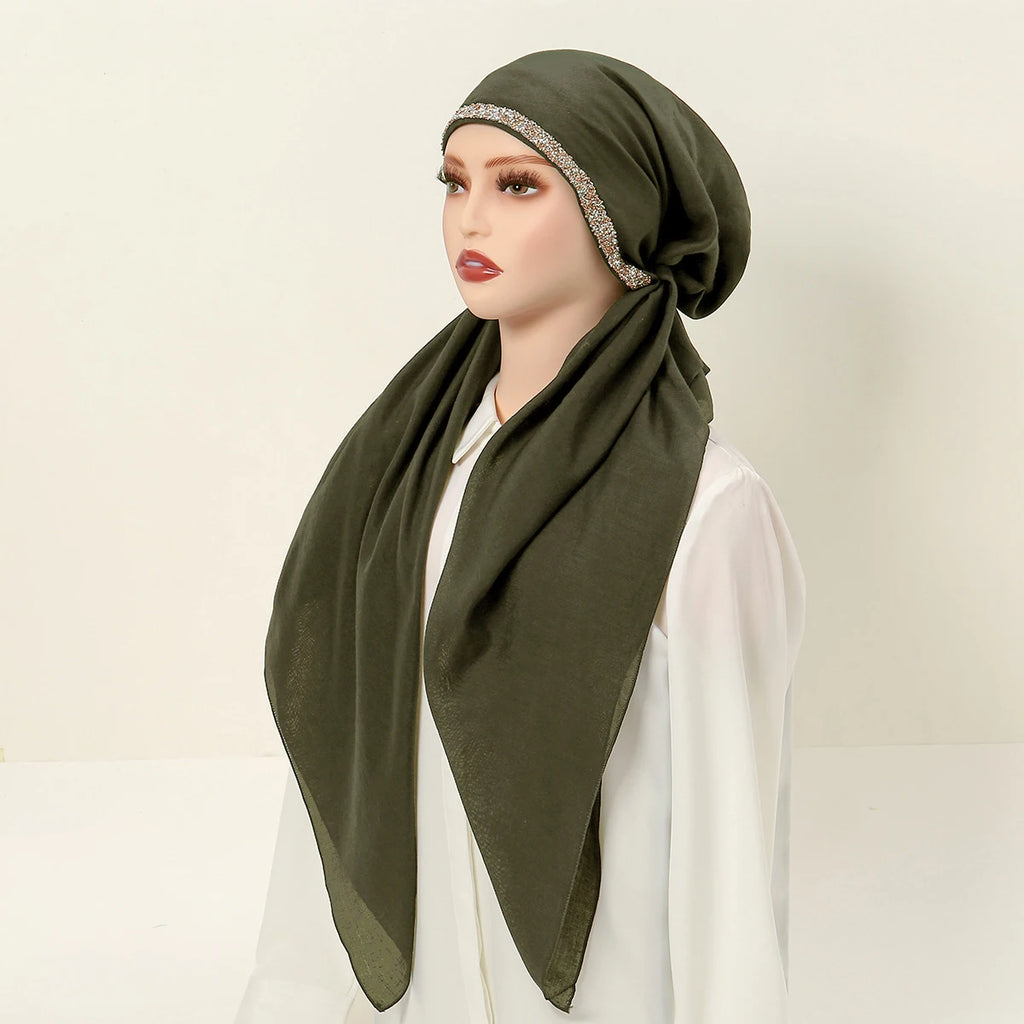 Women Plain Cotton Inner Hijab Headscarf Ramadan Hat Two Tails Muslim Rhinestone Instant Hijab Soft Cotton Solid Color Turban