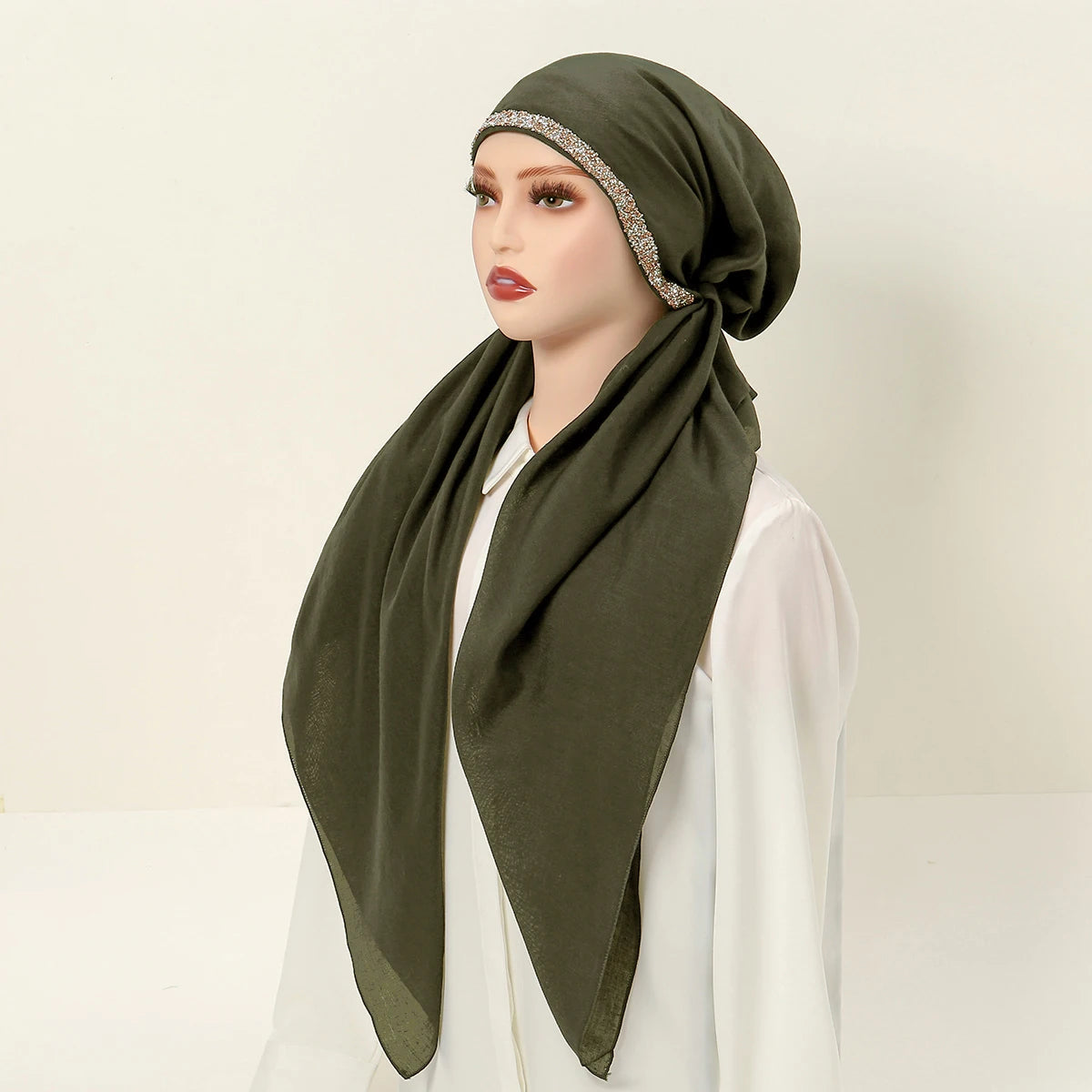 Women Plain Cotton Inner Hijab Headscarf Ramadan Hat Two Tails Muslim Rhinestone Instant Hijab Soft Cotton Solid Color Turban
