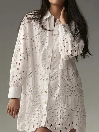 Elegant White Shirt Lady Fashion Long Sleeve Hook Flower Hollow Button Shirts Tops Casual Office Holiday Womens Clothing Spring