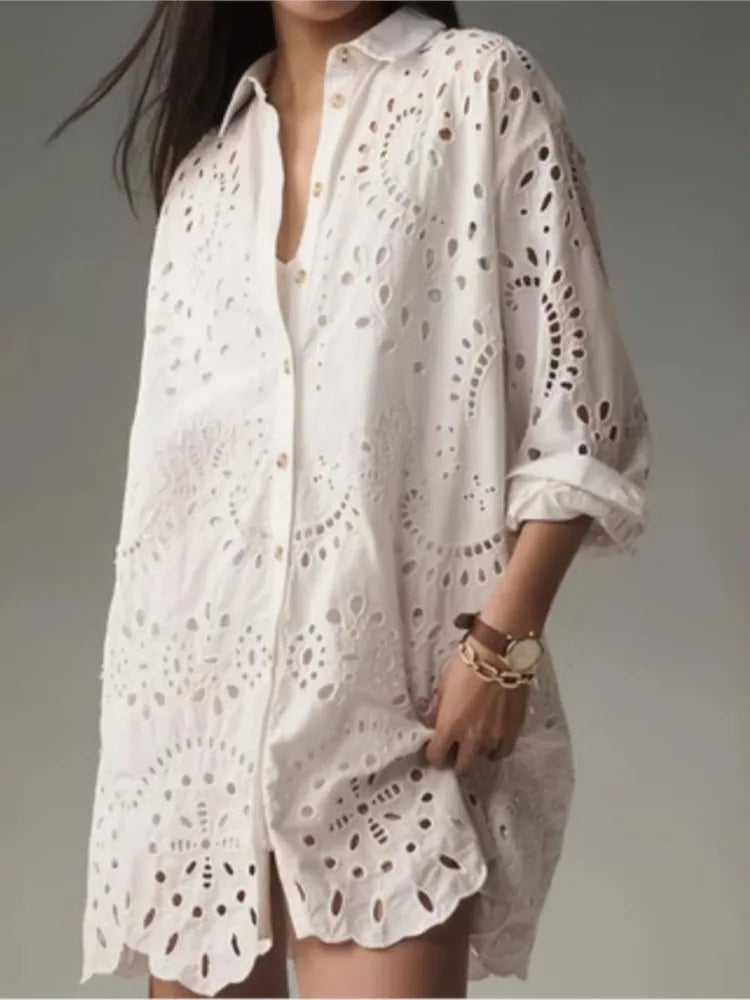 Elegant White Shirt Lady Fashion Long Sleeve Hook Flower Hollow Button Shirts Tops Casual Office Holiday Womens Clothing Spring