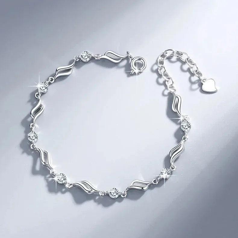 925 Sterling Silver Heart Shaped Necklace Bracelet Set for Women Vintage Korean Crystal Bracelets High Quality Set Party Jewelry