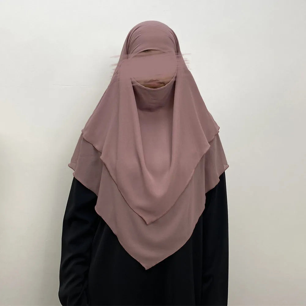 Muslim Women Khimar Two Layer Chiffon Hijab Islamic Headscarf Eid Amira Ramadan Prayer Garment Headdress Turkish Shawl Wrap Tops