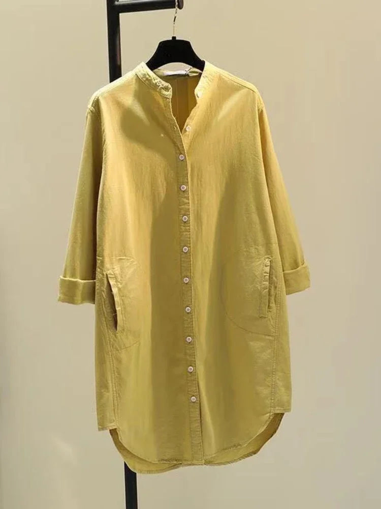 Fashion New Elegant Solid Cotton Linen Women's Shirt Single Breasted Round Neck Casual Commuter Style Mid Length Shirt