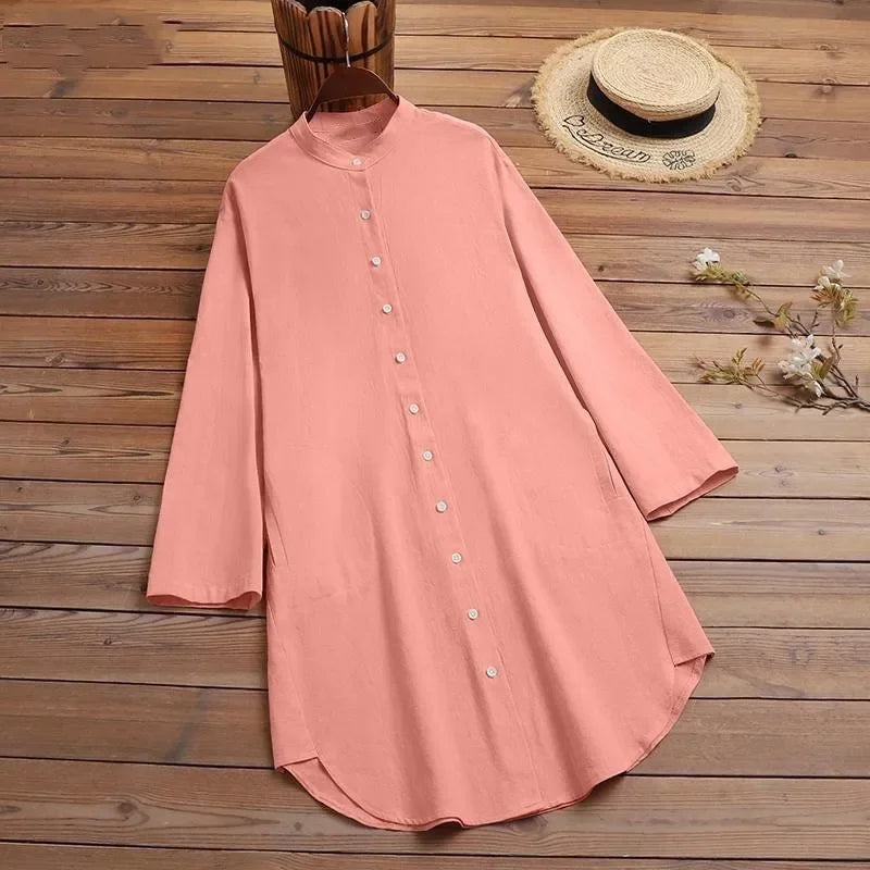 Fashion New Elegant Solid Cotton Linen Women's Shirt Single Breasted Round Neck Casual Commuter Style Mid Length Shirt