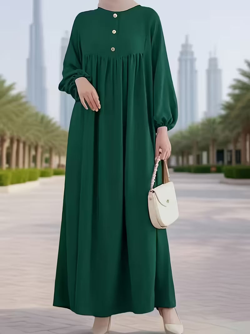 New 2026 Muslim Women'S Robe Caramel Color Fashion Casual Bubble Sleeve Easy Loose Solid Color Dress Without Headscarf