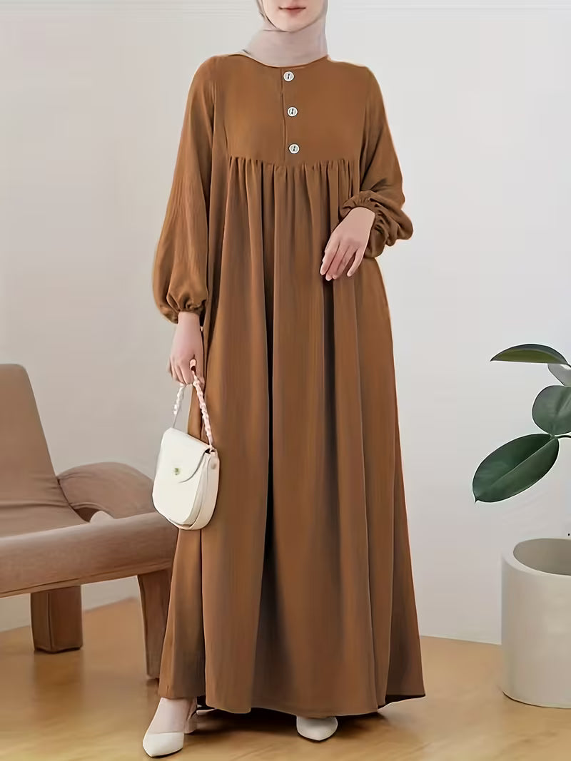 New 2026 Muslim Women'S Robe Caramel Color Fashion Casual Bubble Sleeve Easy Loose Solid Color Dress Without Headscarf